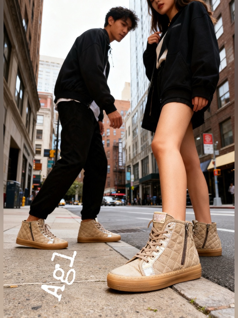 AGL 
Quilted High-Top Sneakers in Tan with Metallic Accents
